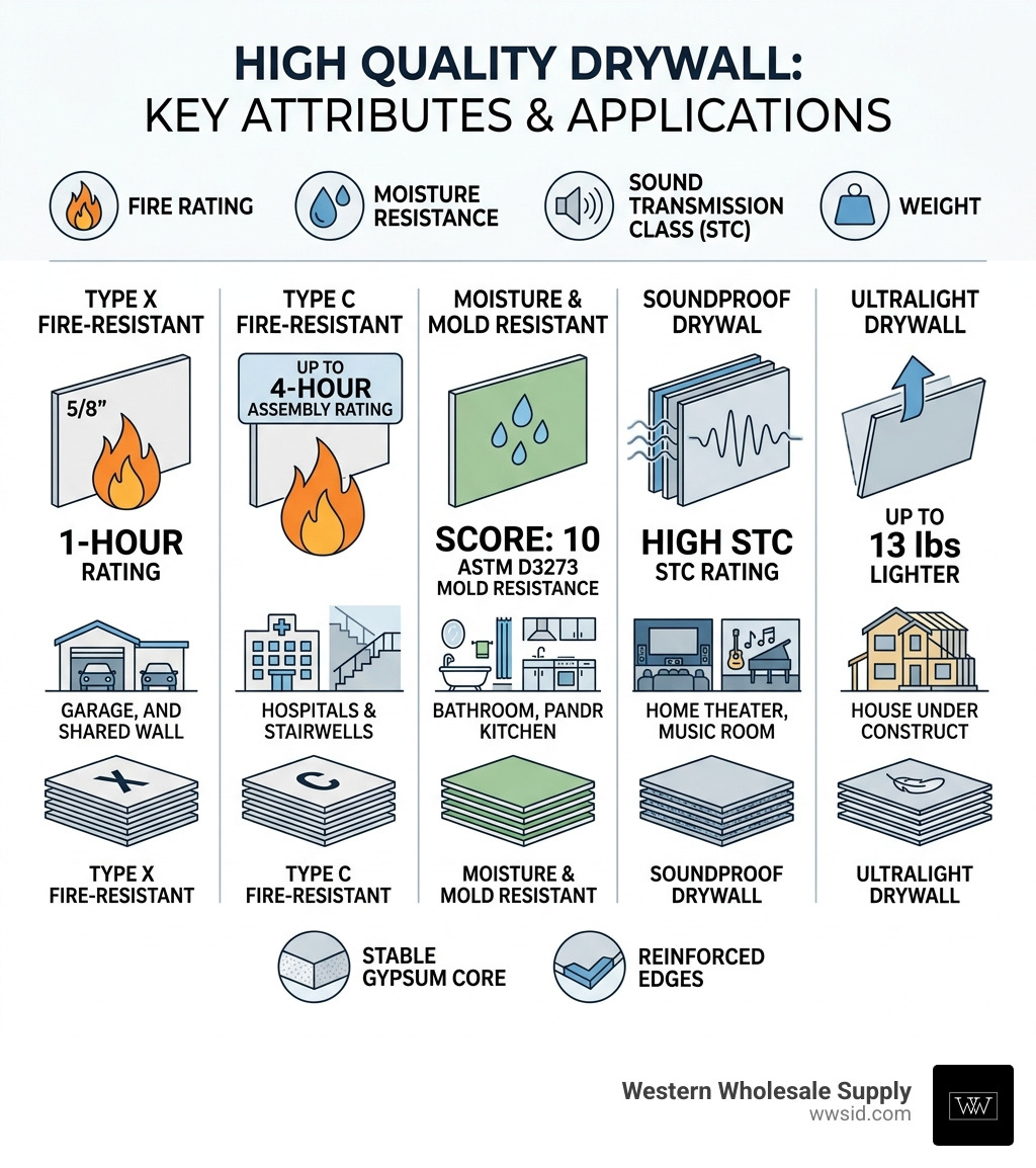 Infographic comparing high quality drywall types by fire rating, moisture resistance, STC, and weight - high quality drywall Infographic comparing high quality drywall types by fire rating, moisture resistance, STC, and weight - high quality drywall
