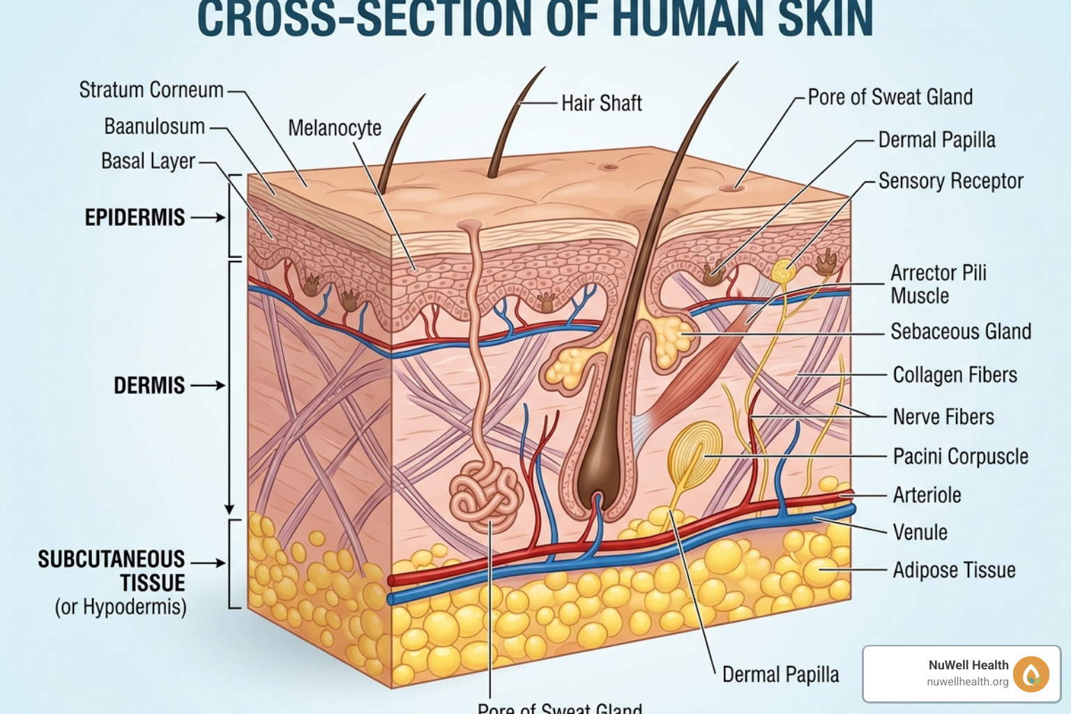 Cross-section of skin showing epidermis, dermis with collagen fibers, and subcutaneous fat - anti aging natural methods