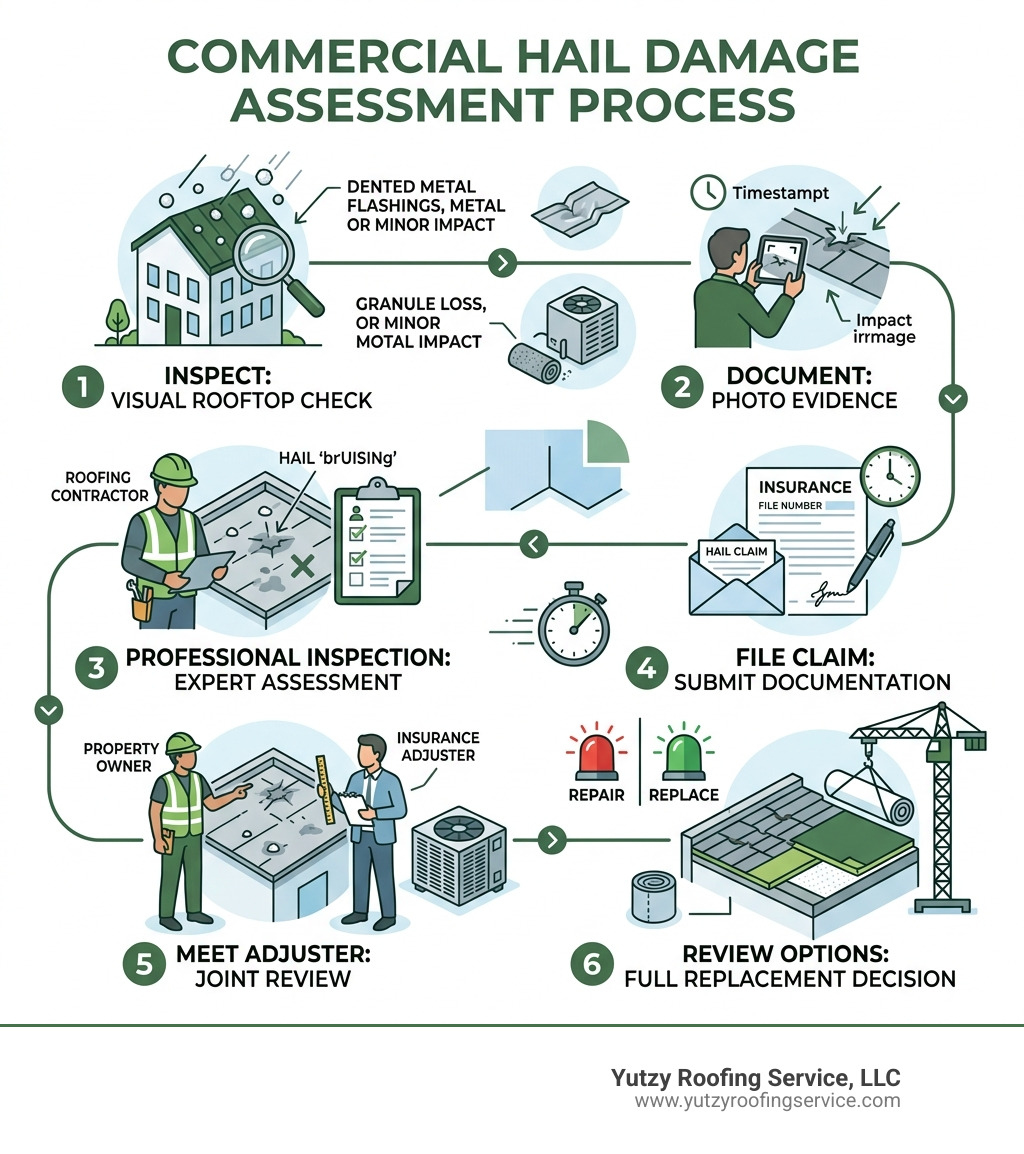 Step-by-step infographic: commercial hail damage assessment process from inspection to replacement - hail damage roof Step-by-step infographic: commercial hail damage assessment process from inspection to replacement - hail damage roof