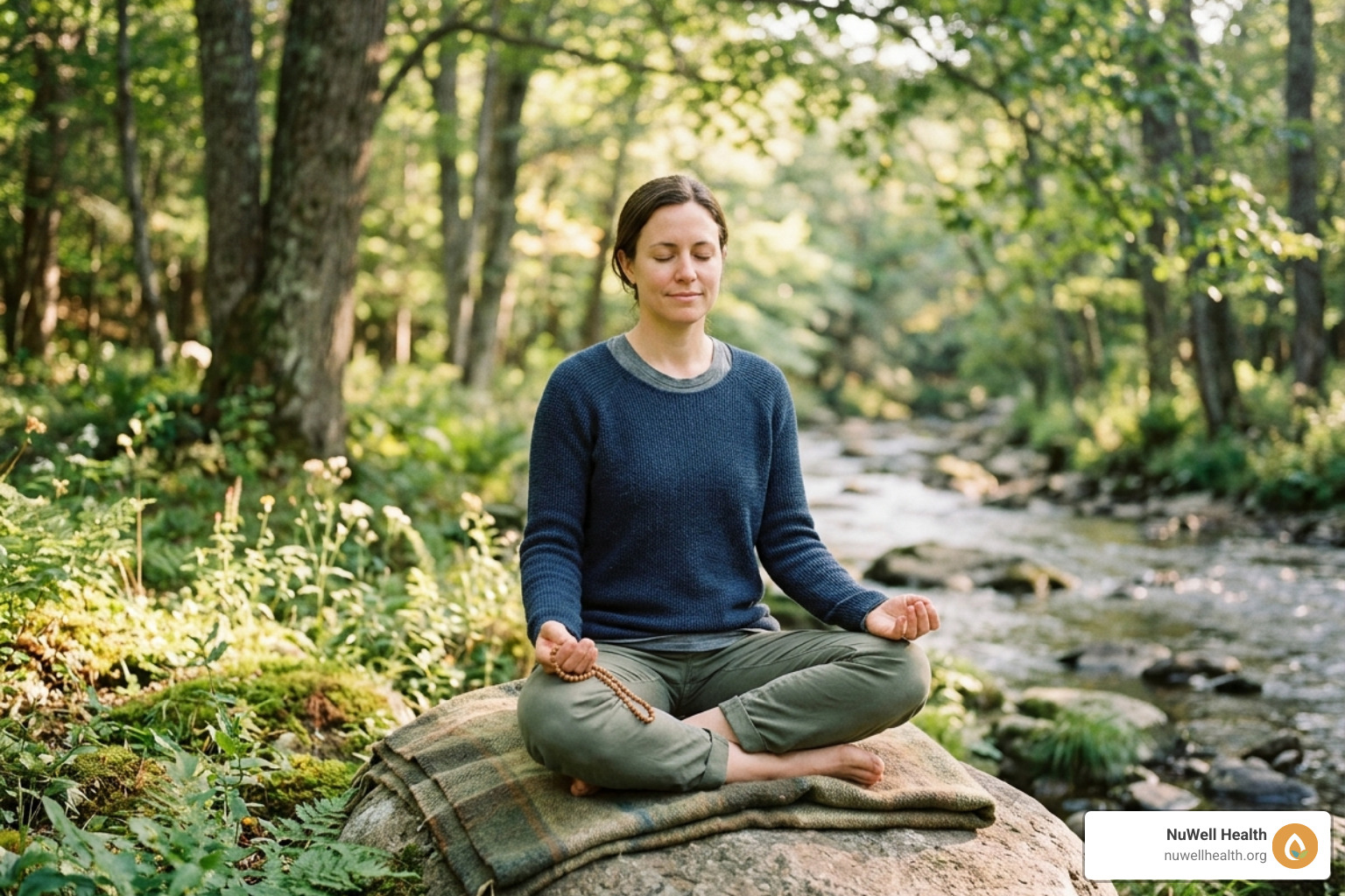 Person practicing mindful prayer in a peaceful nature setting - cancer prevention holistic strategies