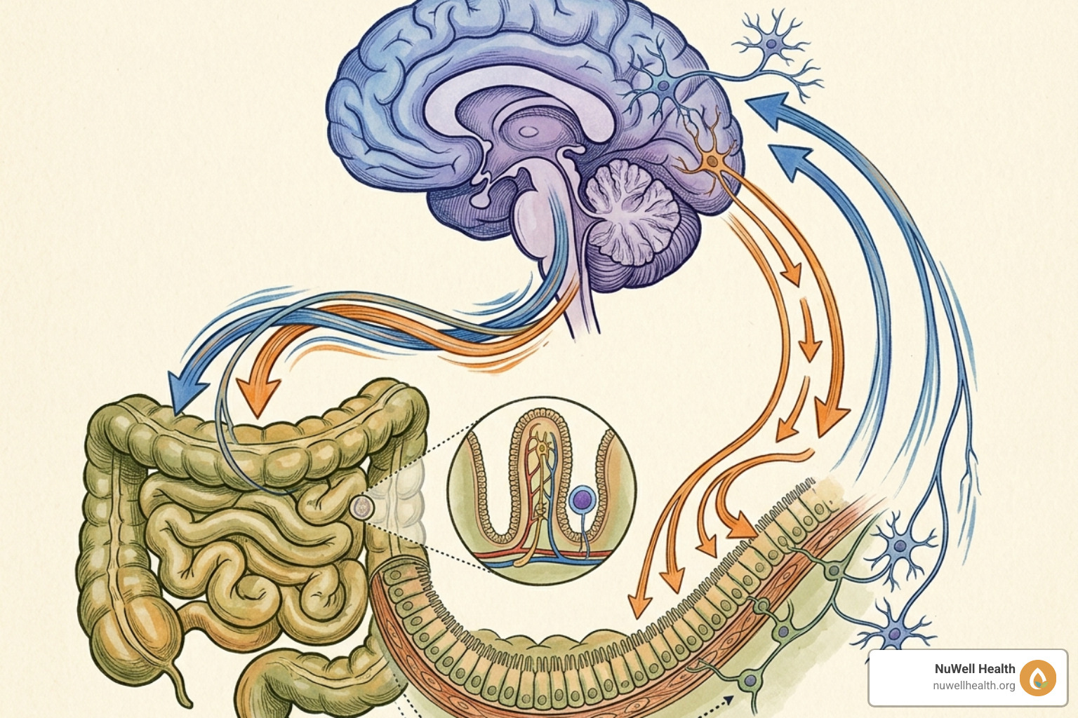 Diagram of the brain-gut axis showing bidirectional communication - mind root cause treatments