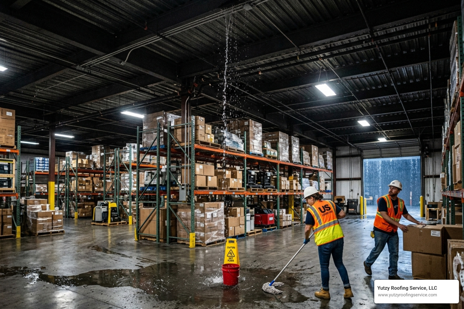 active leak in a commercial warehouse during storm - emergency roof repair active leak in a commercial warehouse during storm - emergency roof repair