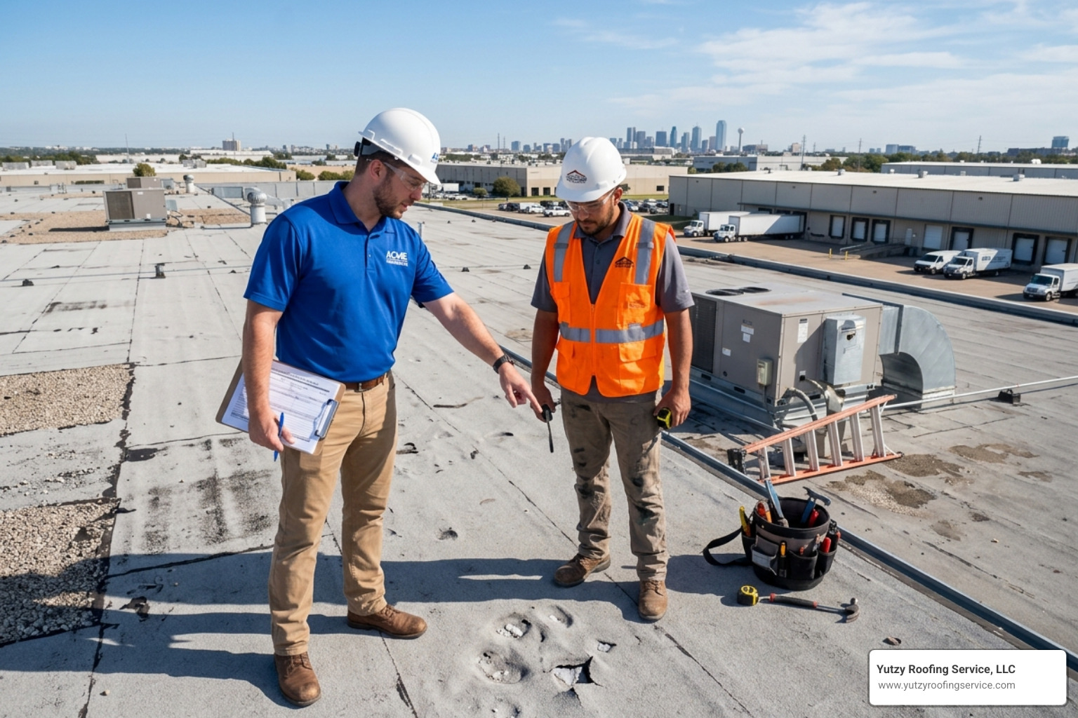 insurance adjuster and roofing contractor inspecting commercial roof damage - emergency roof repair insurance adjuster and roofing contractor inspecting commercial roof damage - emergency roof repair