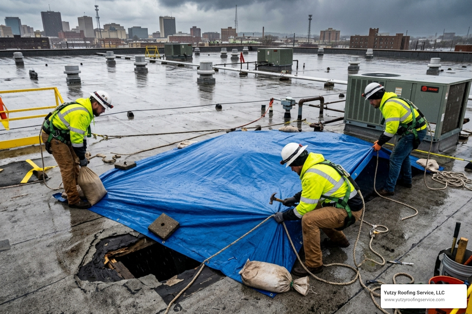 emergency roof tarping on a flat commercial roof - emergency roof repair emergency roof tarping on a flat commercial roof - emergency roof repair