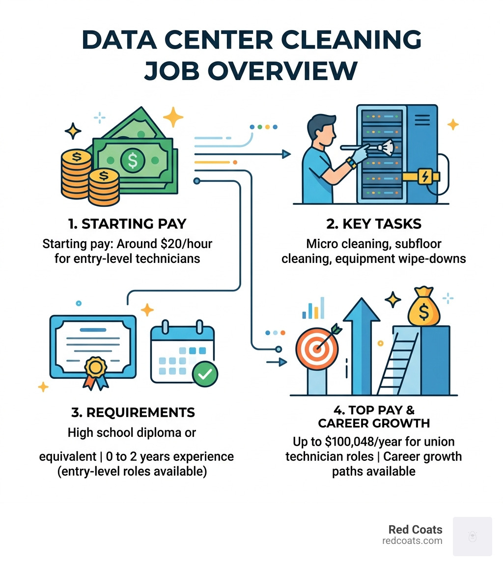 Infographic showing data center cleaning job overview: pay range, key tasks, requirements, and career growth - data center