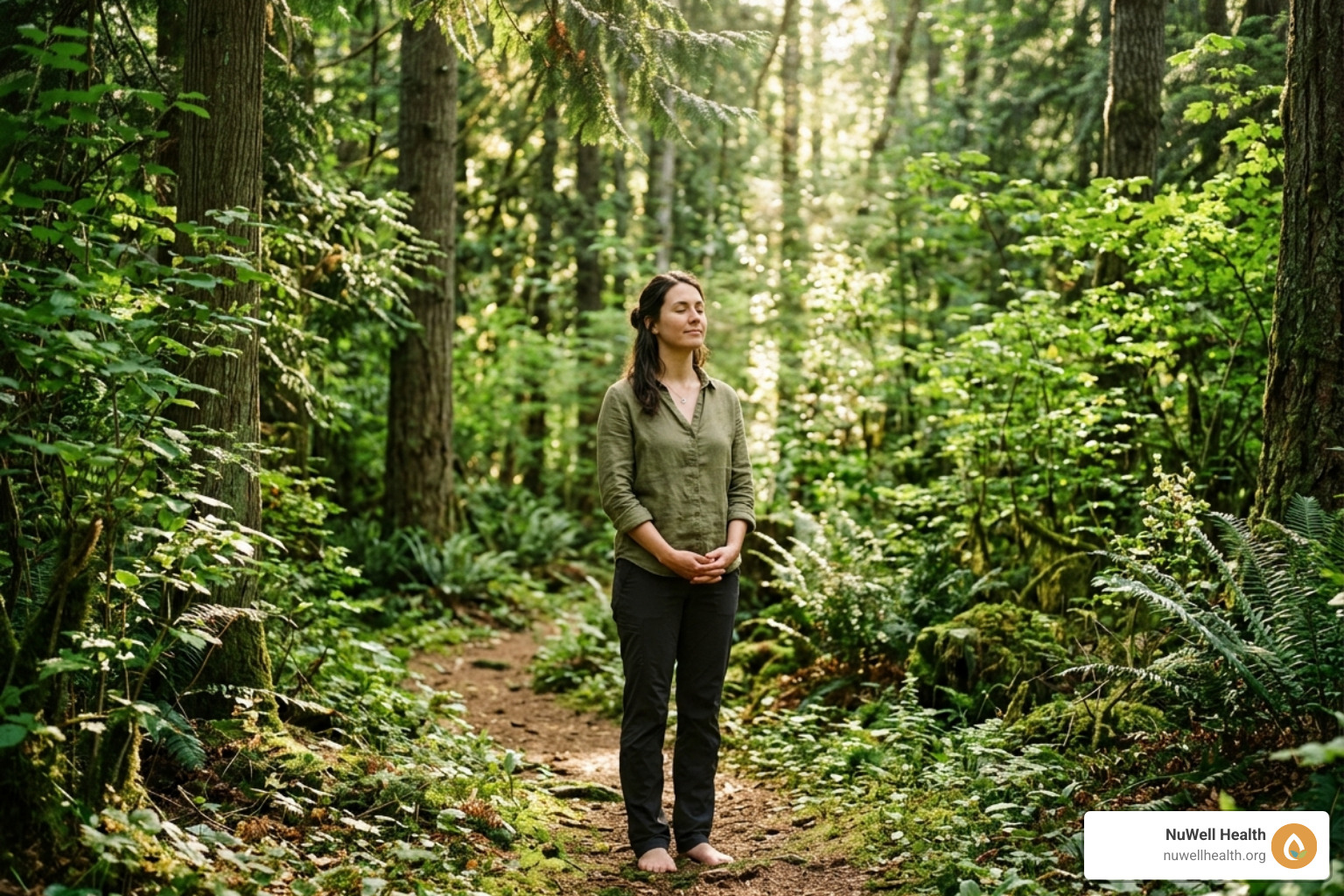 A person practicing forest bathing in a lush green forest to lower stress and improve health - holistic natural lifestyle