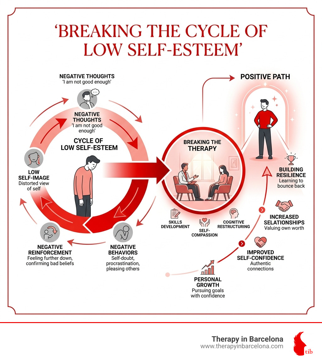 Infographic showing the cycle of low self-esteem and how therapy breaks it - self esteem therapy infographic Infographic showing the cycle of low self-esteem and how therapy breaks it - self esteem therapy infographic