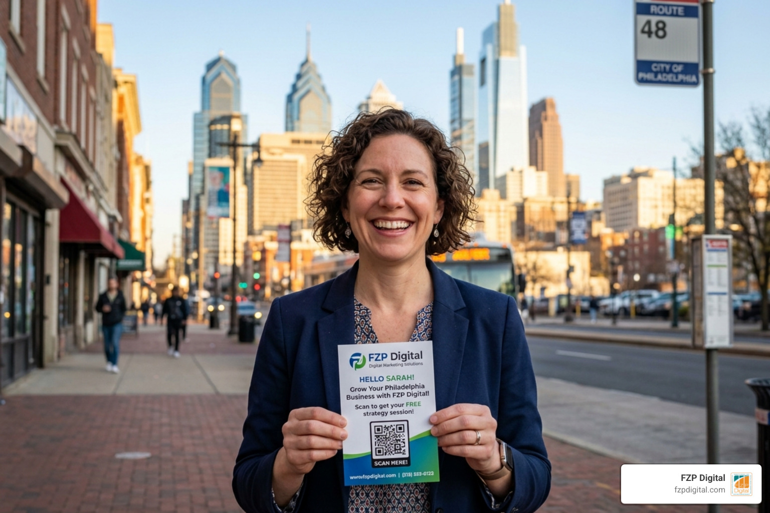 A happy small business owner in Philadelphia holding a personalized direct mailer with a QR code, smiling at the camera A happy small business owner in Philadelphia holding a personalized direct mailer with a QR code, smiling at the camera