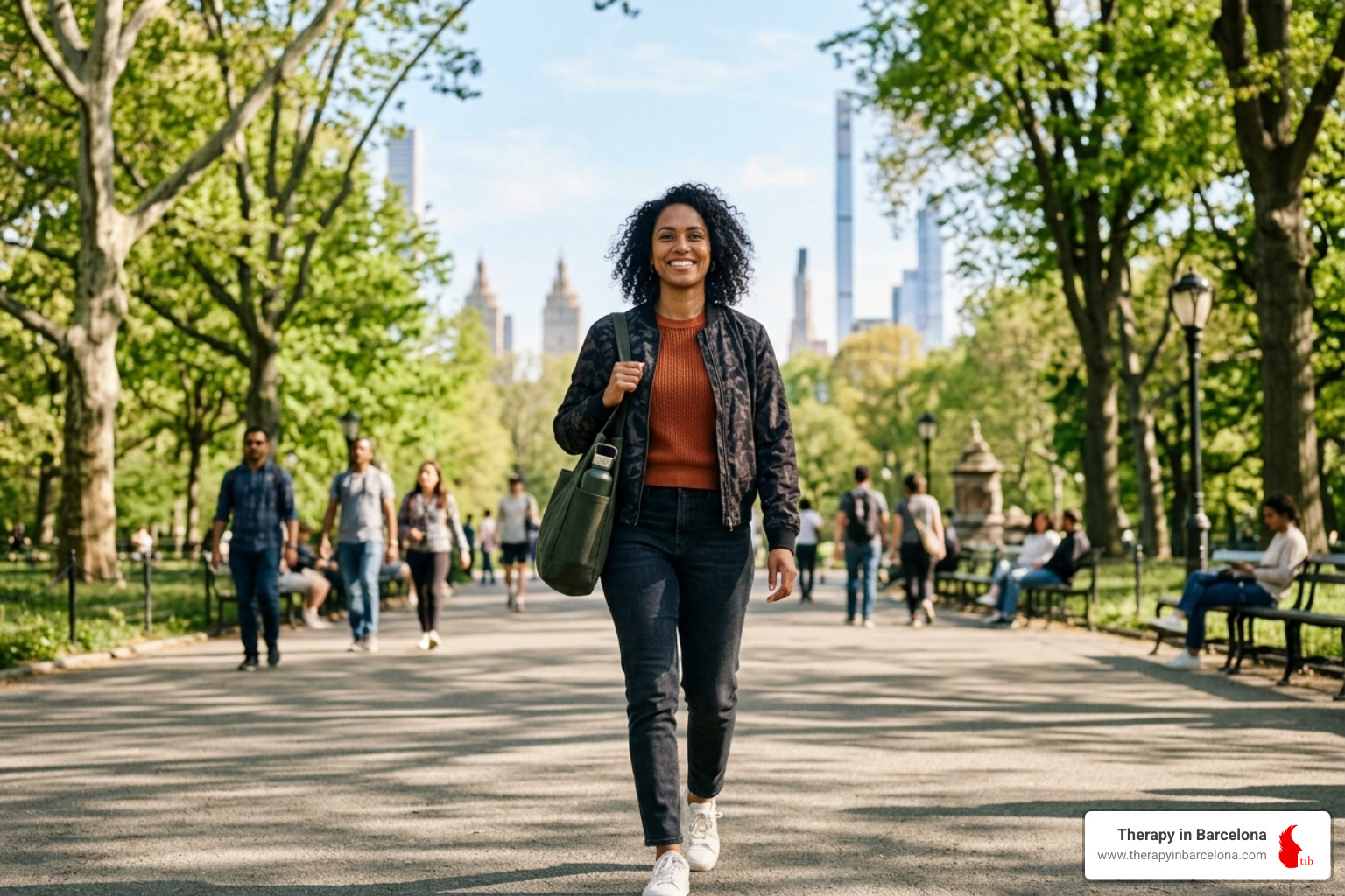 Diverse person walking confidently through a park in Valencia - self esteem therapy Diverse person walking confidently through a park in Valencia - self esteem therapy