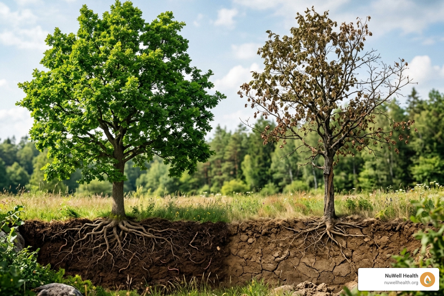 A tree with deep, healthy roots representing systemic health vs. wilting leaves representing symptoms - address illness root