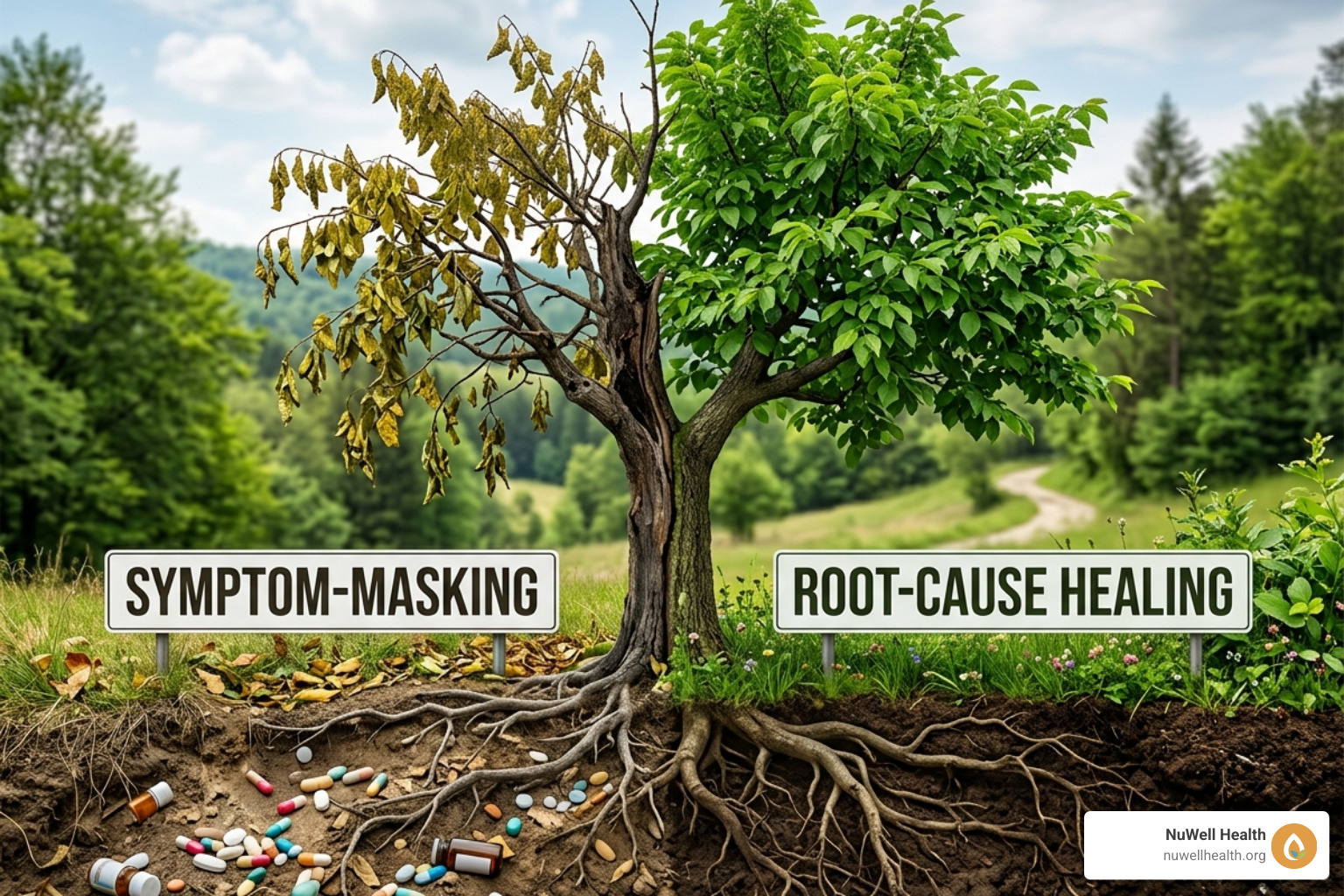 Comparing symptom-masking with root-cause healing showing a tree with deep roots - holistic health coaching