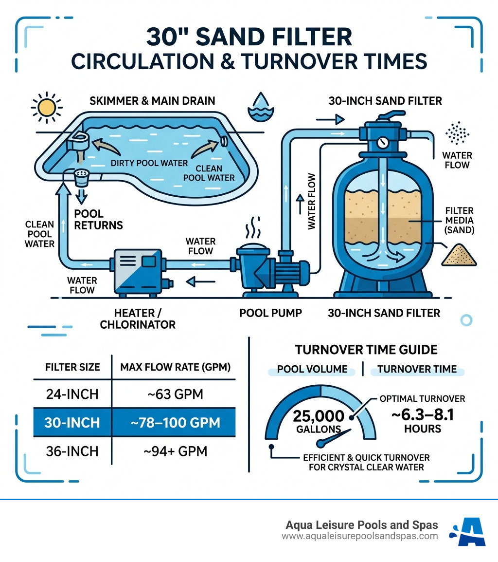 Infographic showing pool water circulation cycle and how a 30-inch sand filter fits in, with flow rates and turnover times