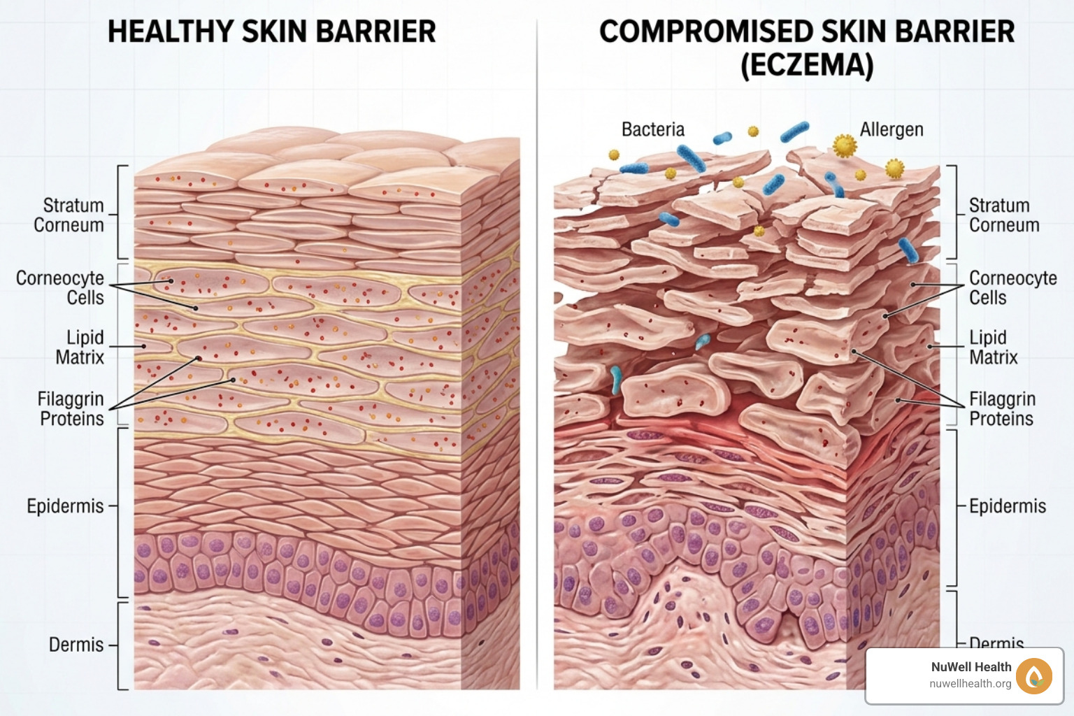 Microscopic view of a healthy skin barrier versus a compromised eczema barrier - natural ways to heal eczema