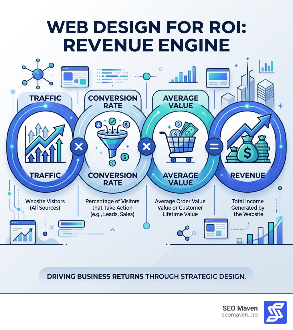 Website ROI formula infographic showing traffic times conversion rate times average value equals revenue - Web design for Website ROI formula infographic showing traffic times conversion rate times average value equals revenue - Web design for