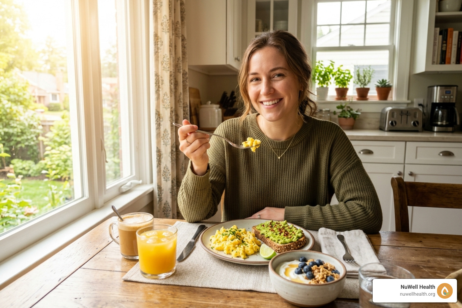 A healthy morning routine featuring a protein-rich breakfast and morning light - holistic natural lifestyle remedies