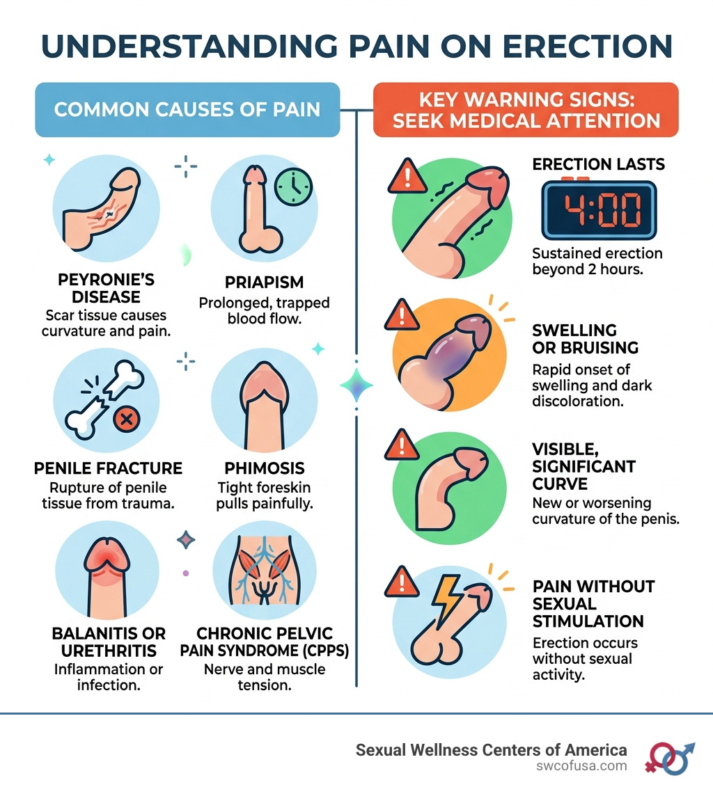 Common causes of pain on erection and key warning signs infographic - pain on erection infographic 