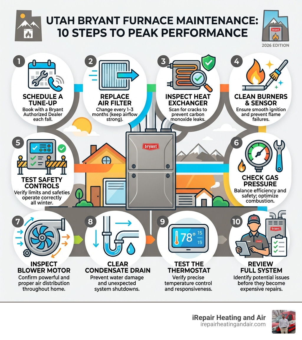 10-step Bryant furnace maintenance process for Utah homeowners infographic - bryant furnace maintenance utah infographic 
