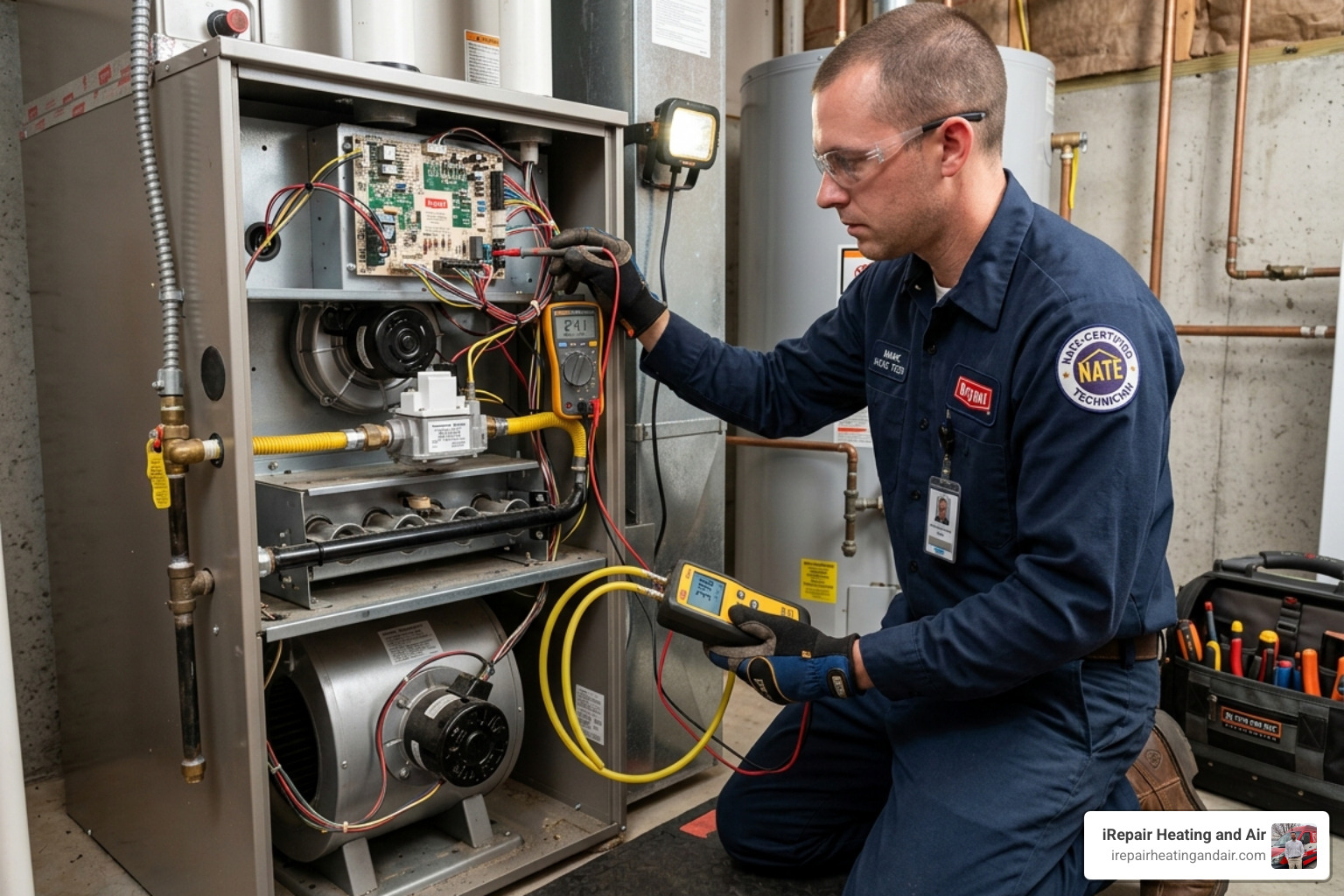 NATE-certified technician testing a Bryant furnace control board and gas pressure - bryant furnace maintenance utah