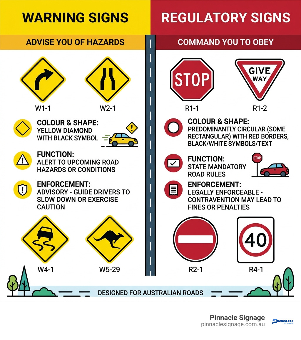 An educational infographic comparing Australian warning signs and regulatory signs, highlighting the role of yellow traffic cautionary signs in advising of hazards.