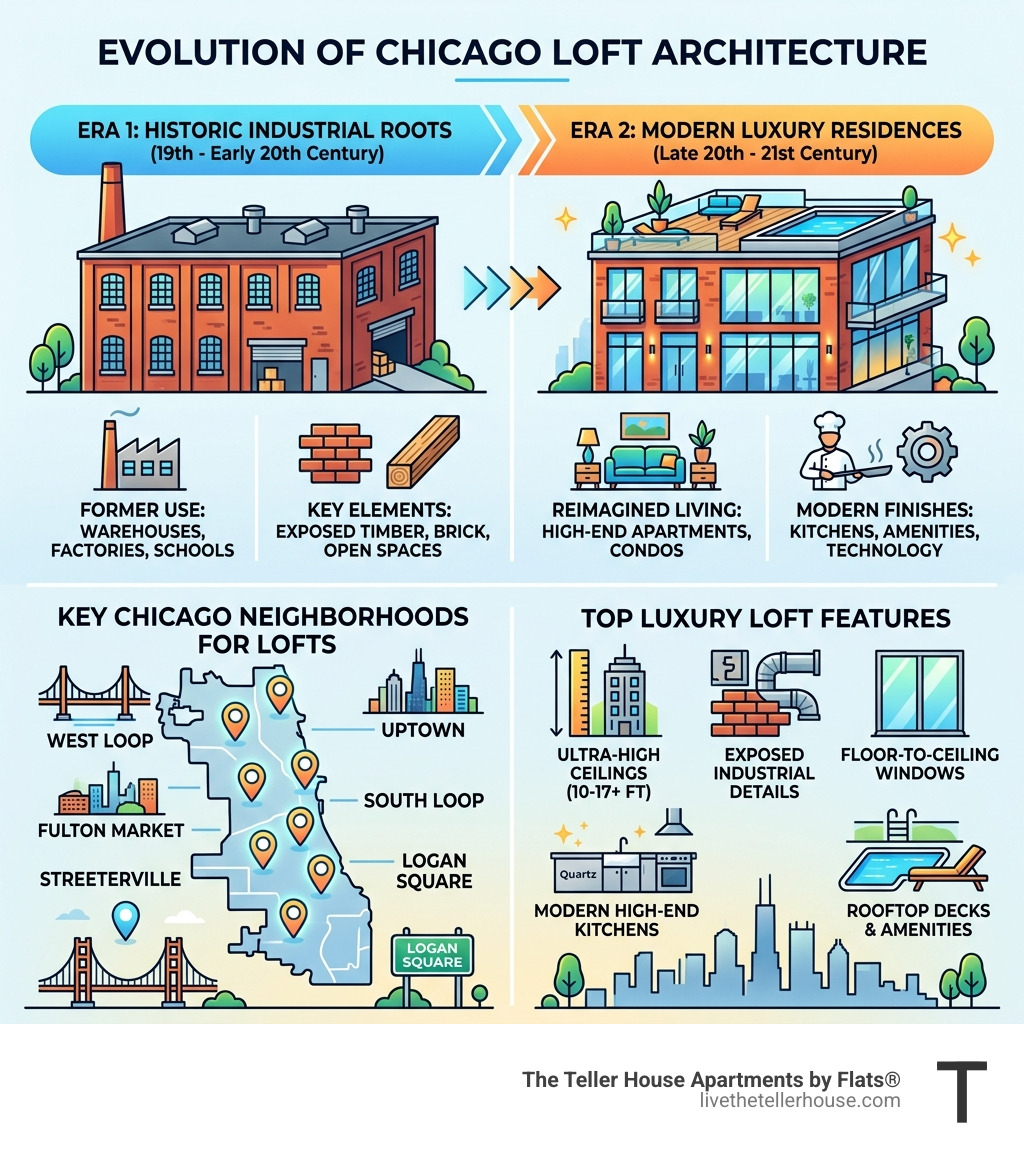 Infographic showing evolution of Chicago loft architecture from warehouses to luxury residences, key neighborhoods, and top Infographic showing evolution of Chicago loft architecture from warehouses to luxury residences, key neighborhoods, and top