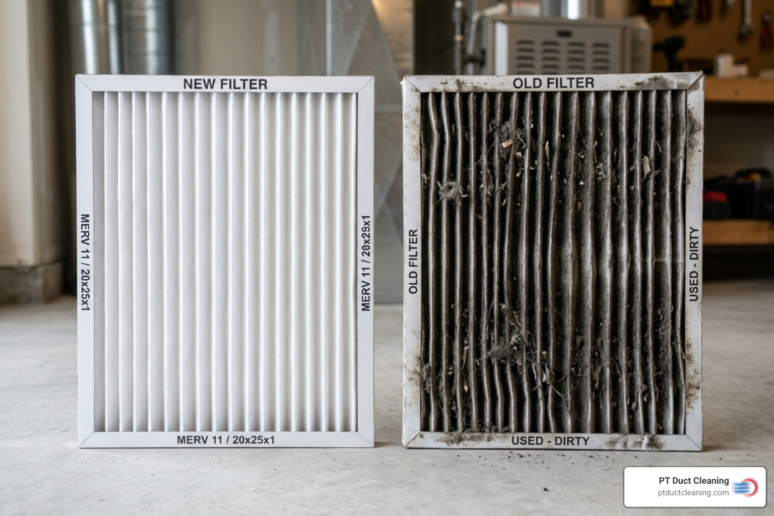 Comparison of clean vs dirty air filters and their impact on HVAC airflow - affordable duct cleaning near me