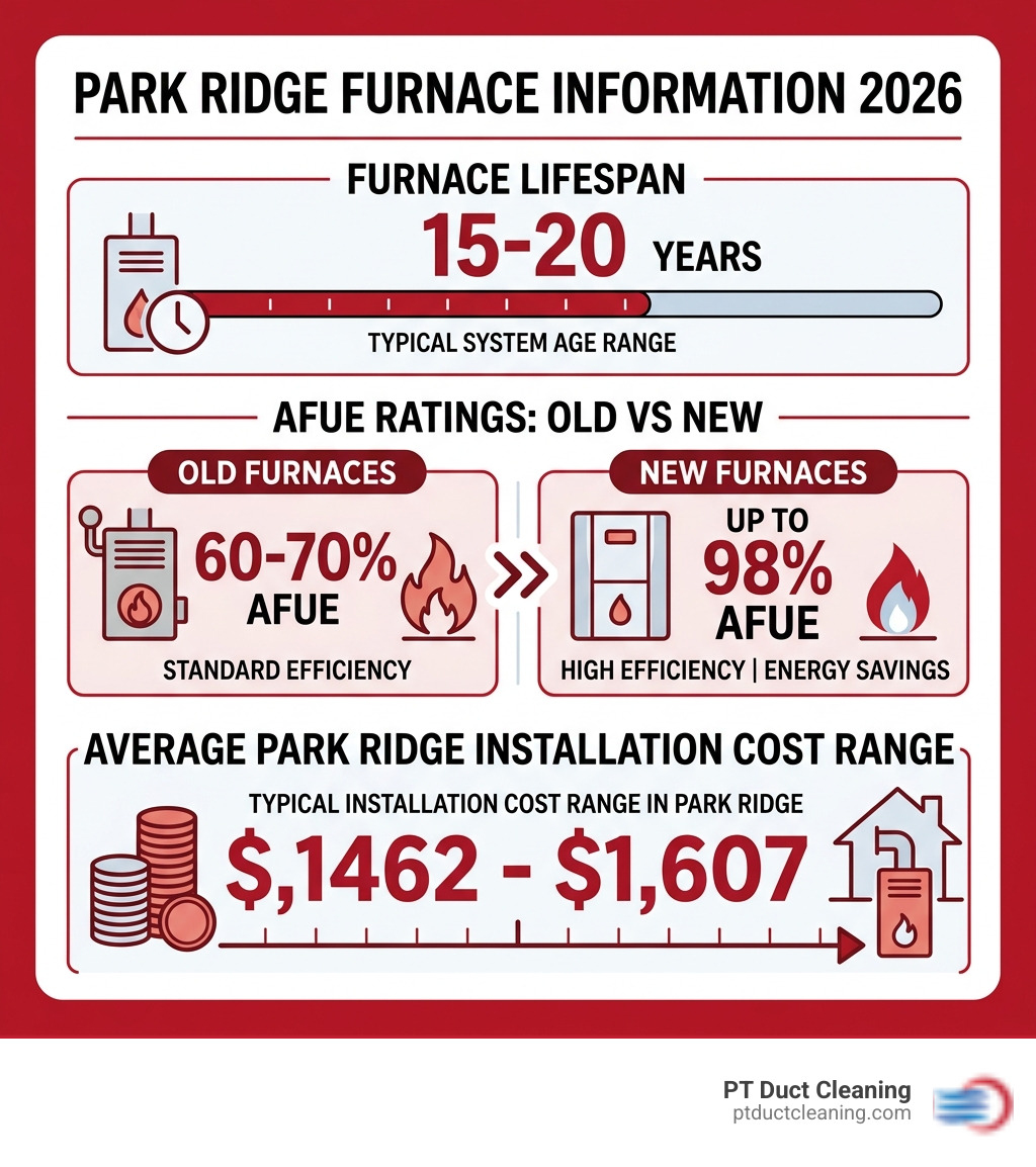 Infographic showing furnace lifespan 15-20 years, AFUE ratings old vs new, and average Park Ridge installation cost range