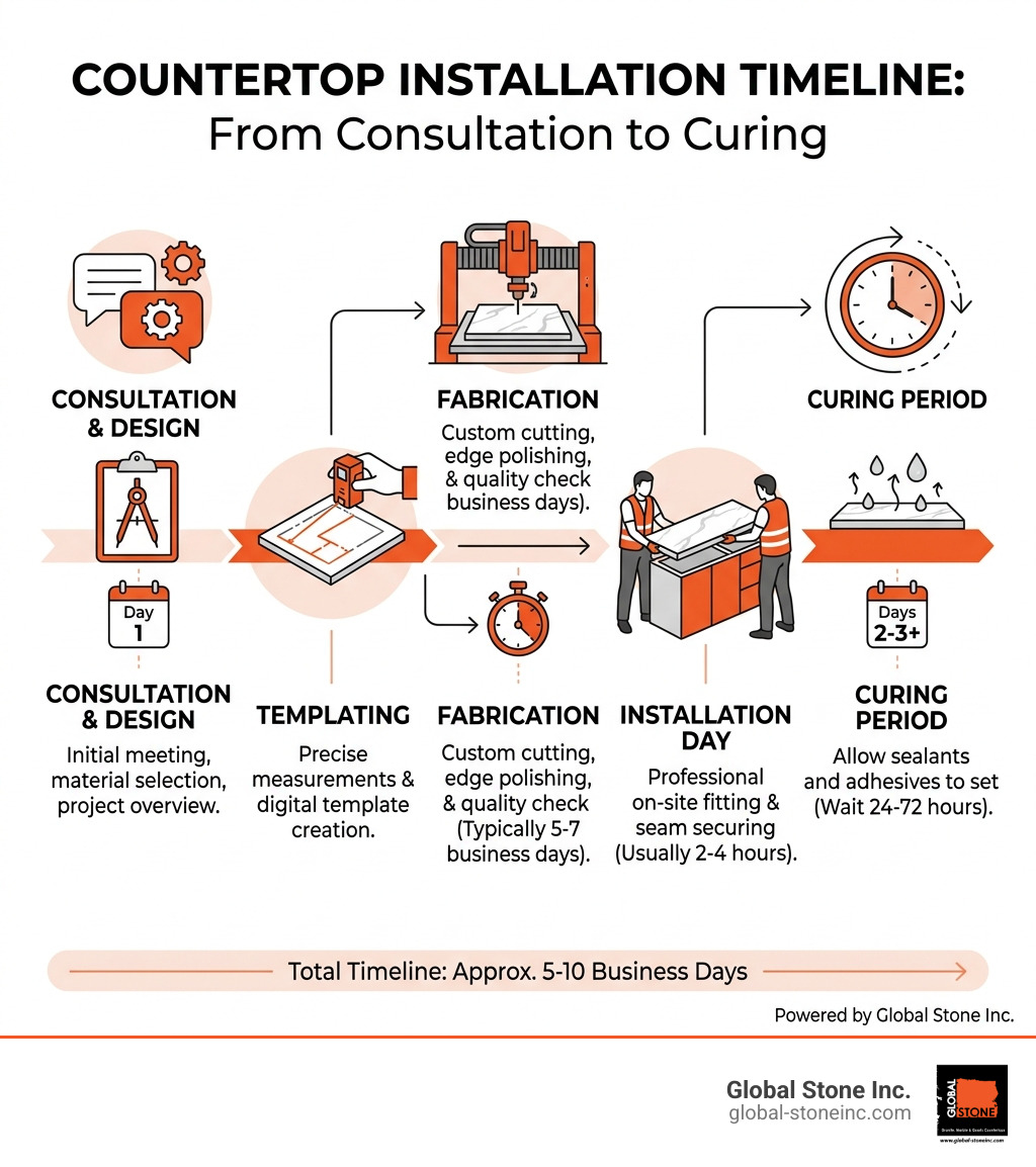 End-to-end countertop installation timeline from consultation to curing - countertop installation infographic End-to-end countertop installation timeline from consultation to curing - countertop installation infographic