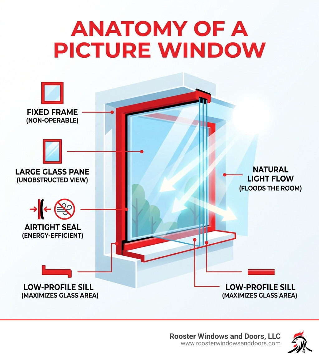 Infographic showing anatomy of a picture window: fixed frame, large glass pane, airtight seal, low-profile sill, and natural Infographic showing anatomy of a picture window: fixed frame, large glass pane, airtight seal, low-profile sill, and natural