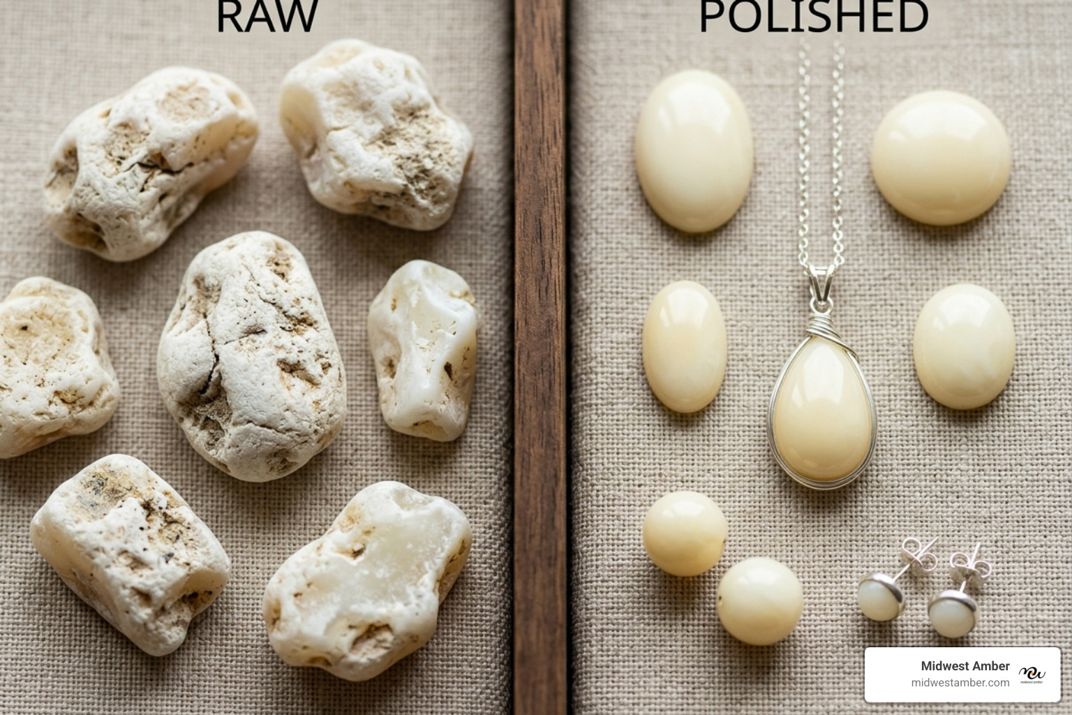 Comparison of raw white amber vs polished white amber jewelry - white amber stones