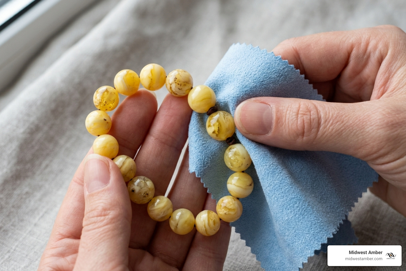 Polished white amber bracelet being cleaned with a soft cloth - white amber stones