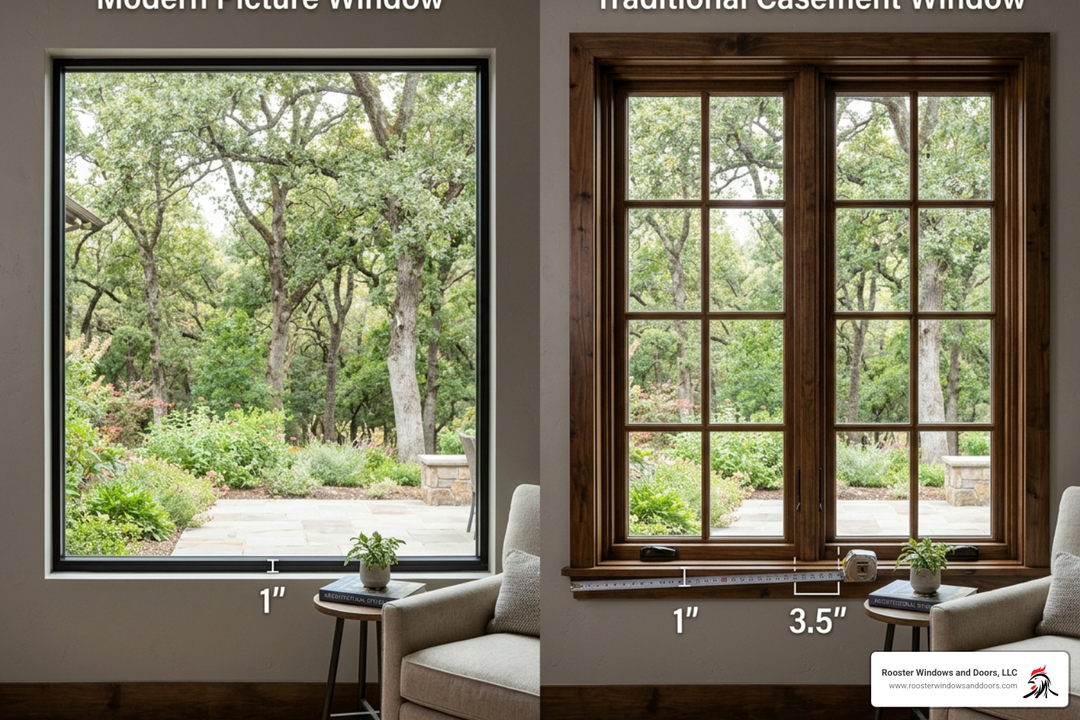 Comparison of a picture window with a low-profile frame versus a standard operable window with thick sashes - what are Comparison of a picture window with a low-profile frame versus a standard operable window with thick sashes - what are