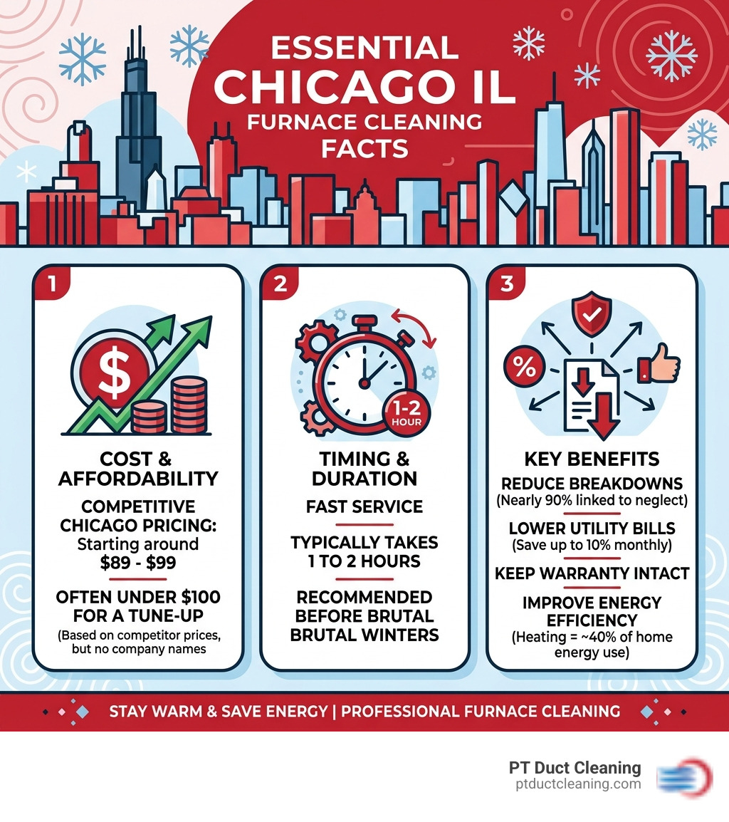 Infographic showing key facts about furnace cleaning in Chicago IL including cost, timing, and benefits - furnace cleaning