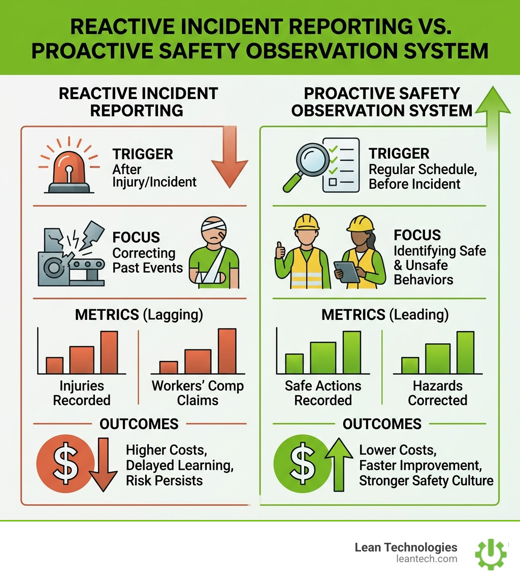 Infographic: Reactive incident reporting vs. proactive safety observation system — key differences, metrics, and outcomes Infographic: Reactive incident reporting vs. proactive safety observation system — key differences, metrics, and outcomes