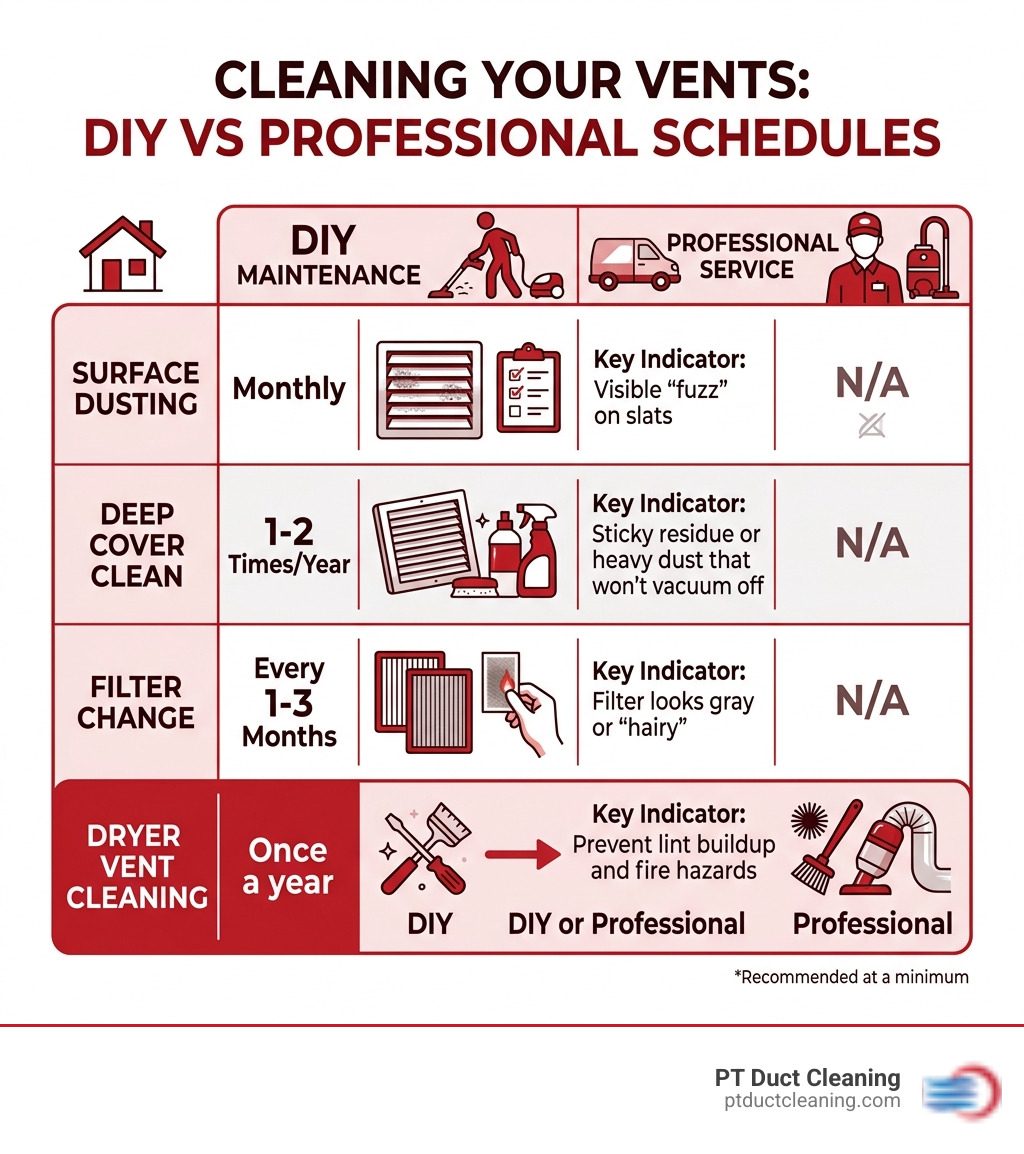 Comparison table of DIY vs Professional cleaning schedules - cleaning your vents infographic 