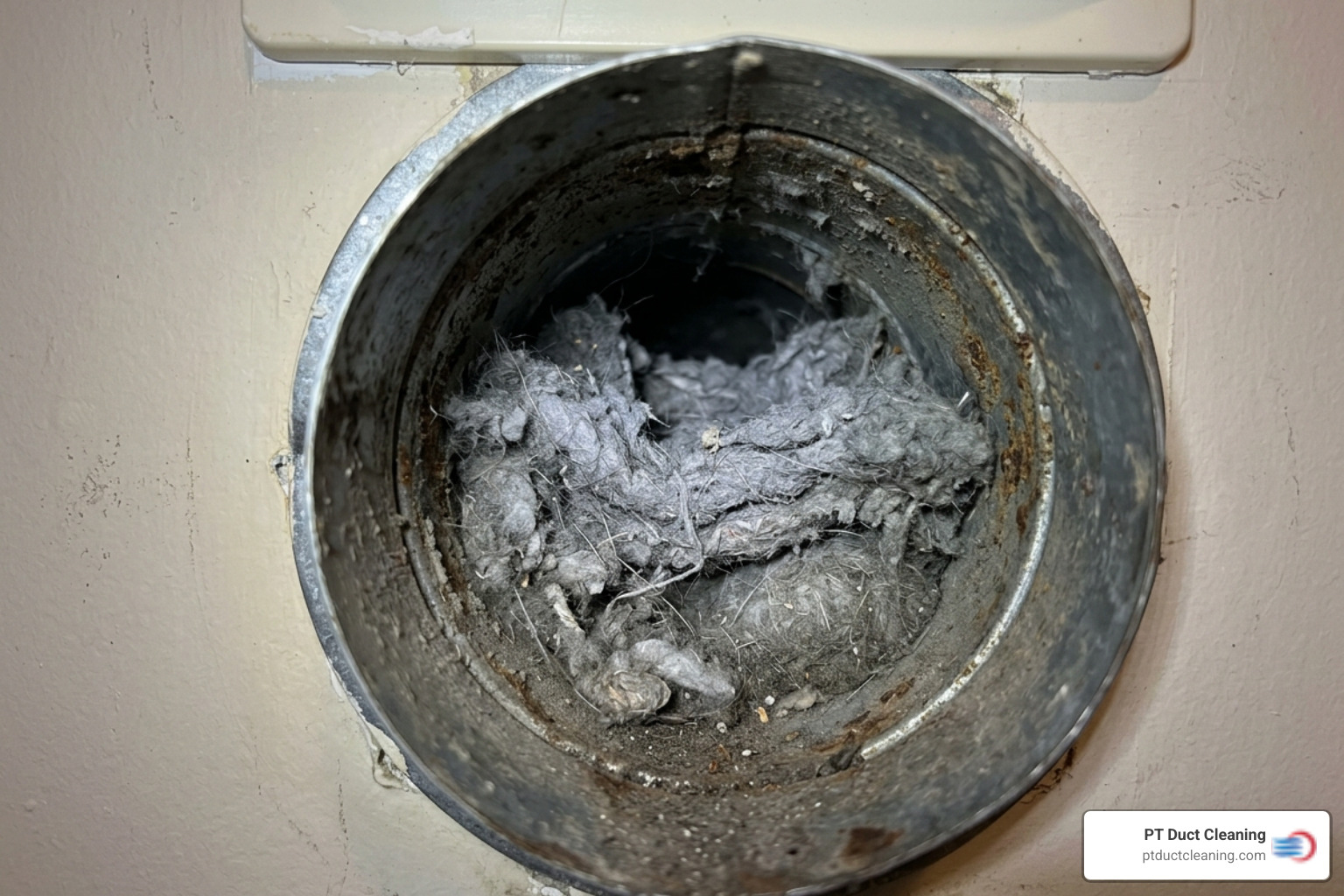 Lint buildup in a dryer duct showing restricted airflow - average cost to clean a dryer vent