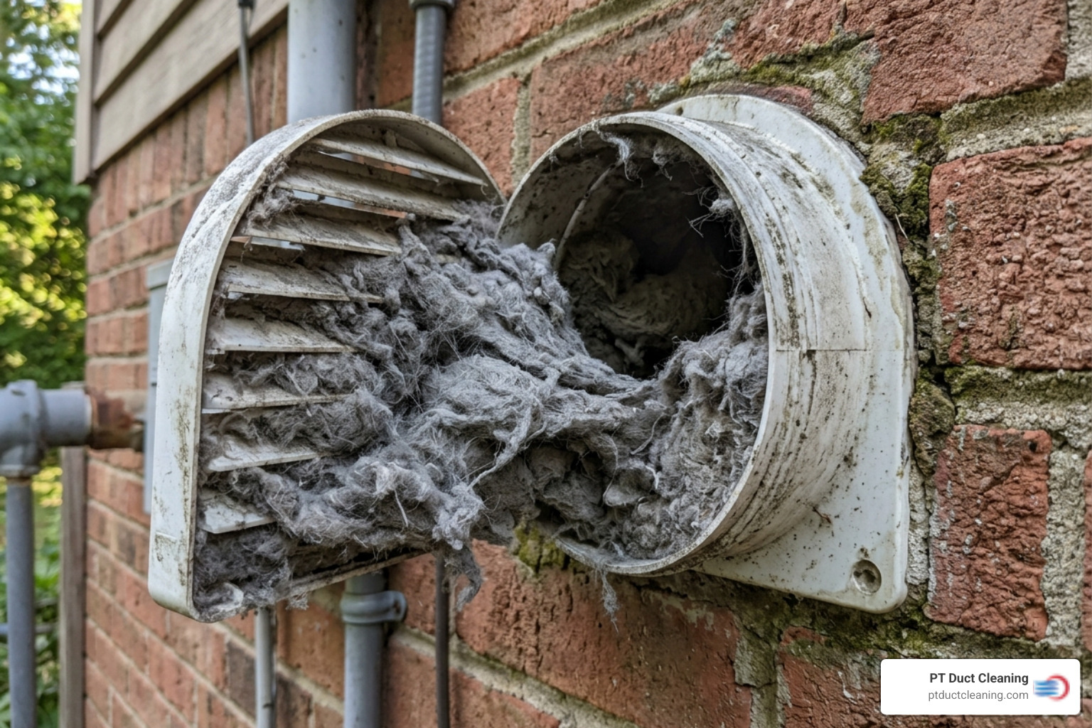IMAGE of a lint-clogged dryer vent showing restricted airflow - professional air vent cleaning
