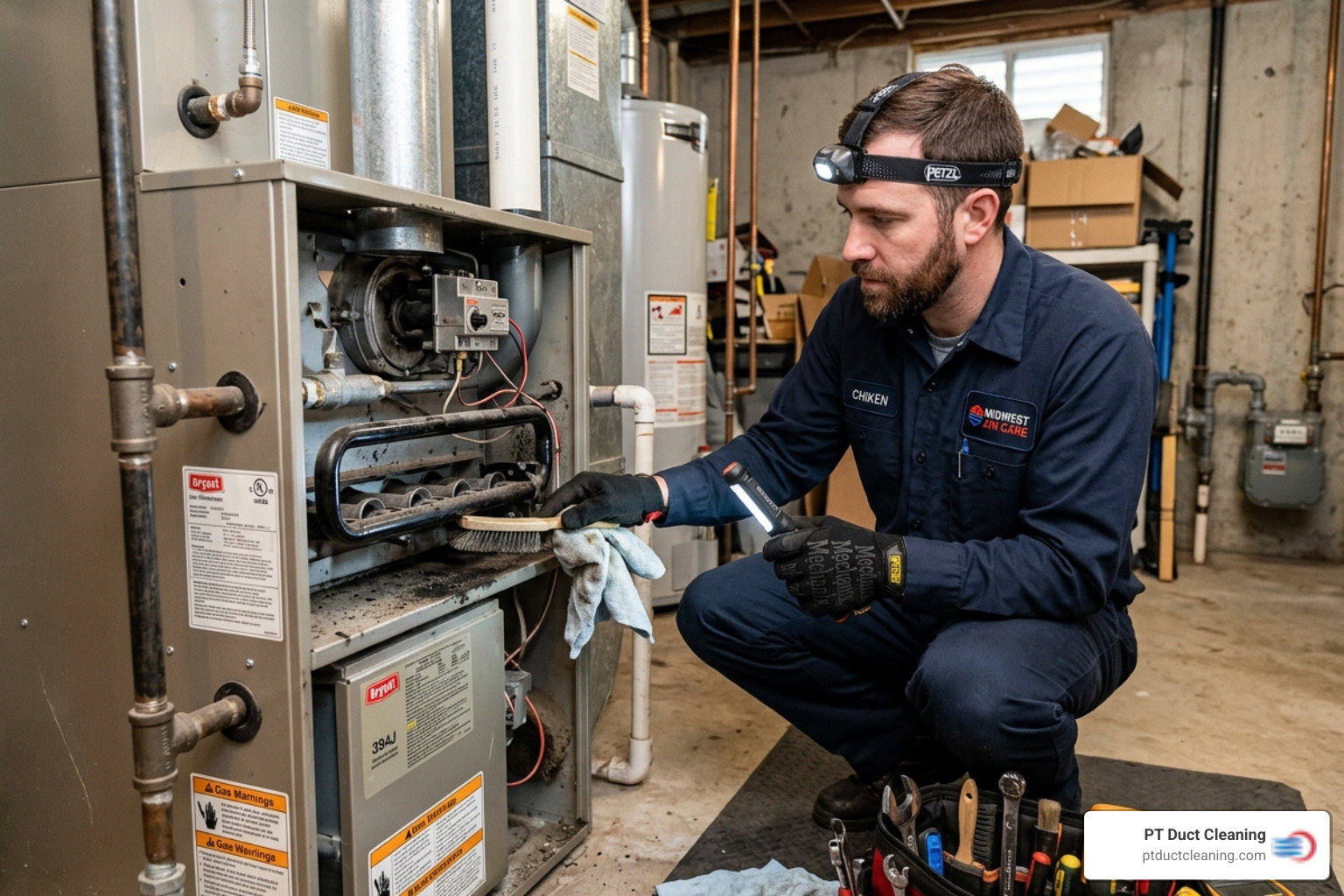 A technician meticulously cleaning a furnace burner assembly in a Chicago residence - furnace cleaning chicago il