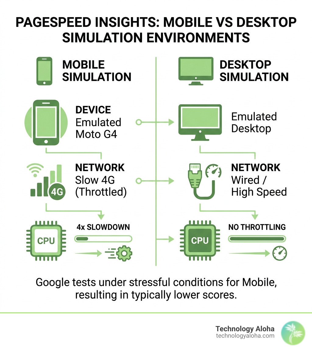 Comparison of mobile vs desktop simulation environments in PageSpeed Insights - google pagespeed insights score infographic Comparison of mobile vs desktop simulation environments in PageSpeed Insights - google pagespeed insights score infographic