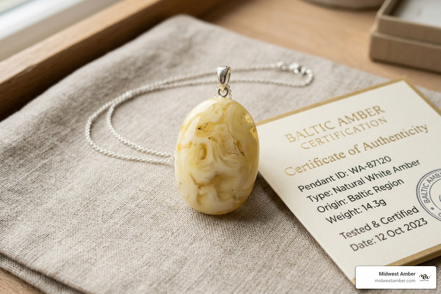Certified white amber pendant with natural swirls - white amber stones