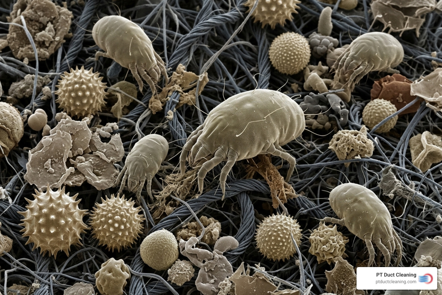 microscopic image of dust mites and allergens found in household dust - health benefits of air duct cleaning