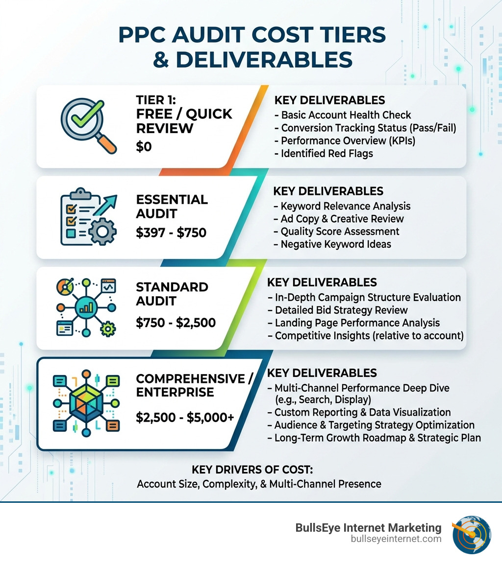 PPC audit cost tiers infographic detailing service levels from free reviews to comprehensive audits, highlighting key deliverables and pricing ranges for effective digital marketing strategies by BullsEye Internet Marketing.