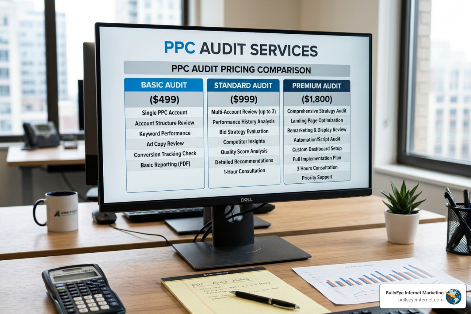 PPC audit services pricing comparison chart on a computer monitor, detailing Basic, Standard, and Premium audit options with associated costs and features, in a modern office setting.