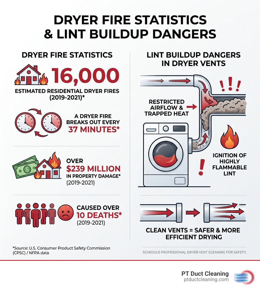 infographic showing dryer fire statistics and lint buildup dangers in dryer vents - get dryer vent cleaned infographic 