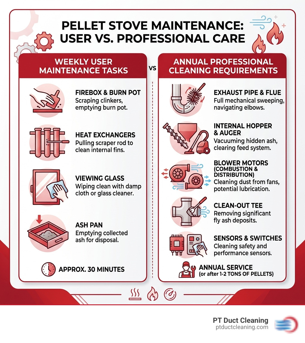Table comparing weekly user maintenance tasks vs annual professional cleaning requirements - pellet stove chimney sweep