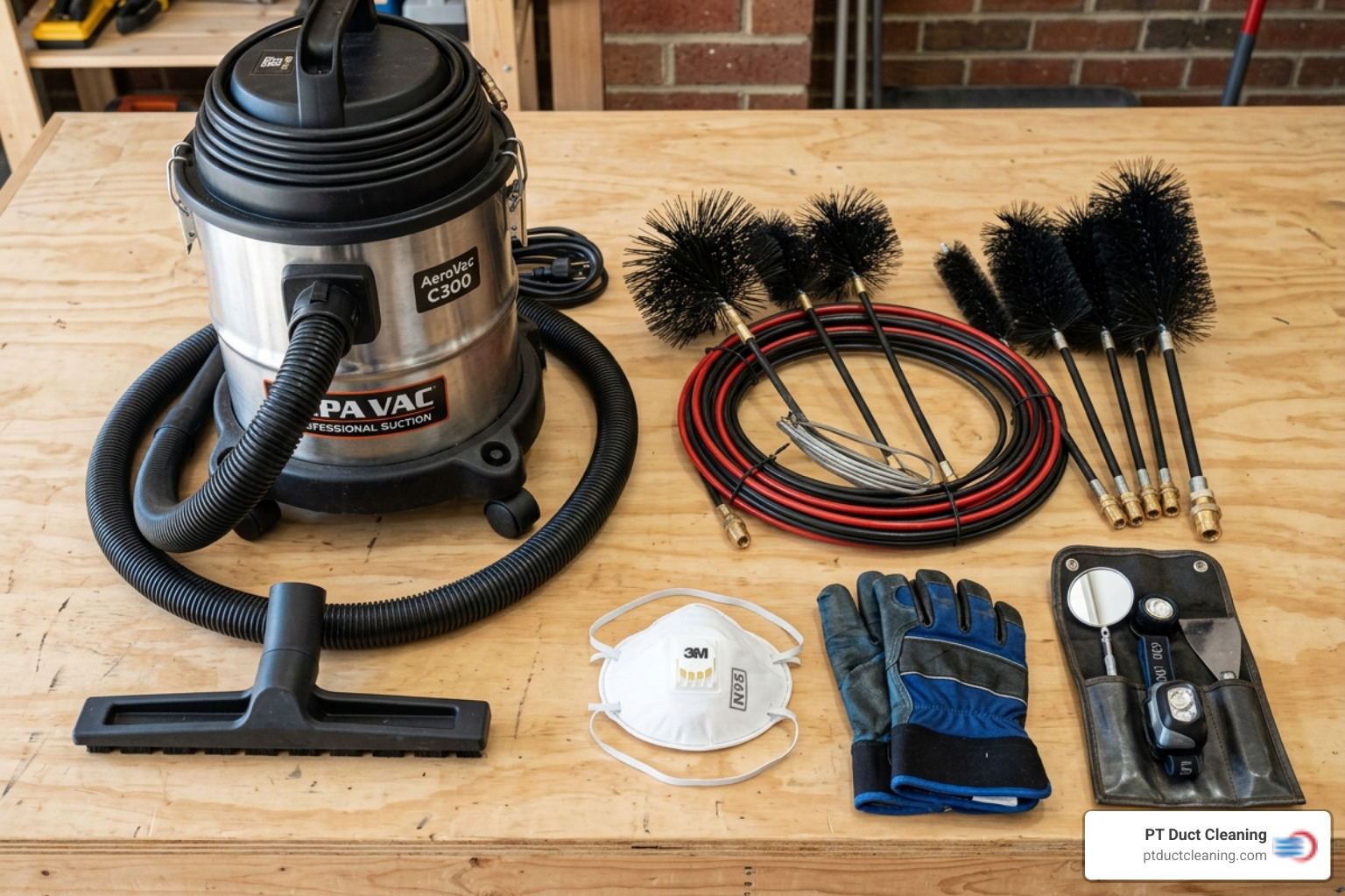 Professional chimney sweep kit including HEPA vacuum, flexible nylon brushes, and safety gear - pellet stove chimney sweep