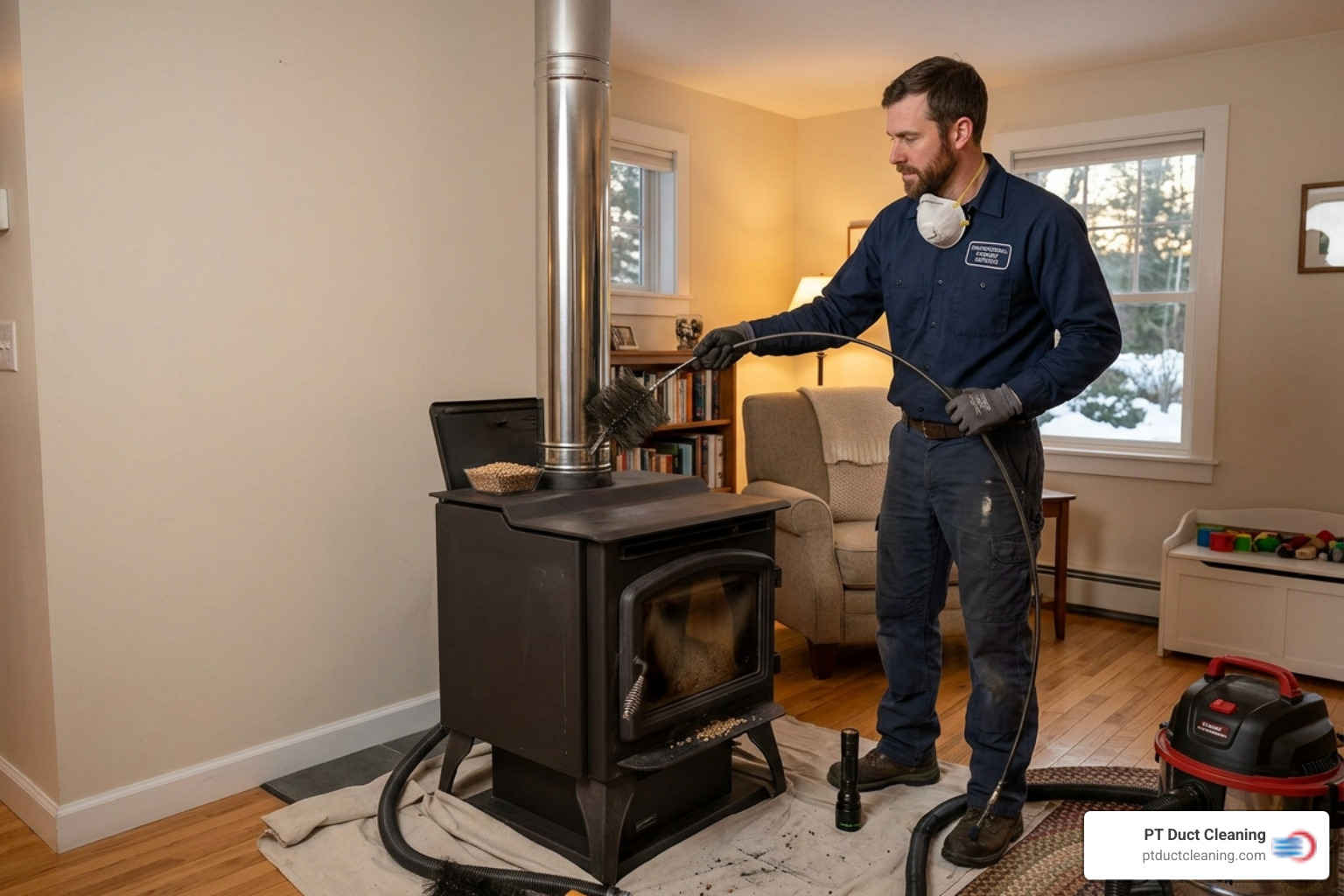 Technician using a flexible poly brush to clean a narrow 4-inch pellet stove vent pipe - pellet stove chimney sweep