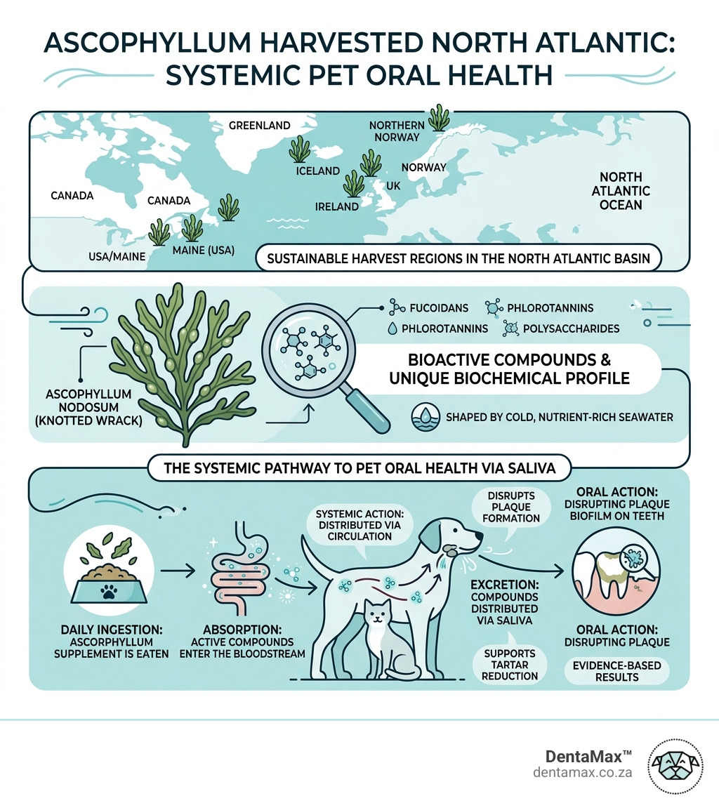 Infographic showing North Atlantic harvest regions, bioactive compounds in Ascophyllum nodosum and systemic pathway to pet