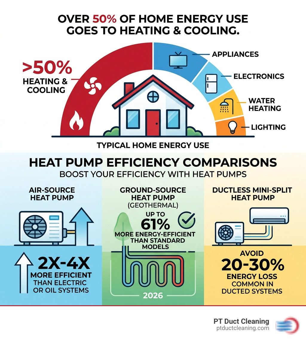 Infographic showing that over 50% of home energy use goes to heating and cooling, with heat pump efficiency comparisons