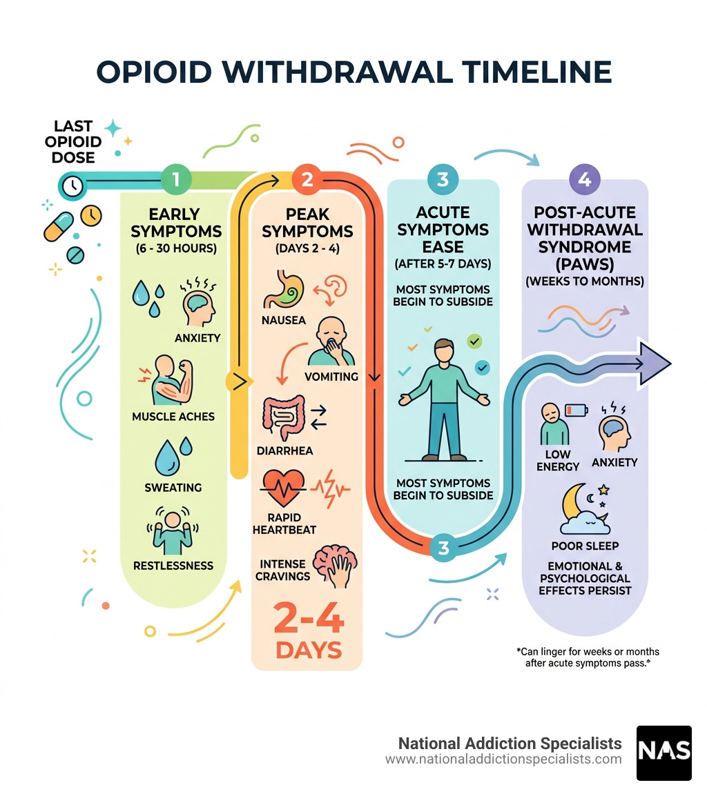 Opioid withdrawal timeline infographic showing phases from early symptoms to PAWS - home remedies for opiate withdrawal Opioid withdrawal timeline infographic showing phases from early symptoms to PAWS - home remedies for opiate withdrawal