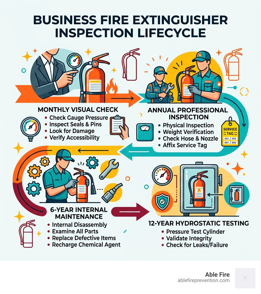Fire extinguisher inspection lifecycle infographic showing monthly, annual, 6-year, and 12-year stages - business fire
